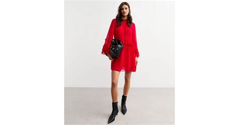 Red Ruffled High Neck Chiffon Mini Dress | New Look