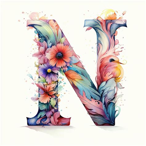 Premium Photo | Decorative letter N with floral splashes in the style of detailed feather rendering