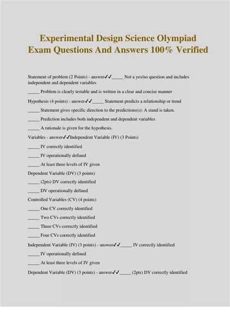 Experimental Design Science Olympiad Exam Questions And Answers 100% ...
