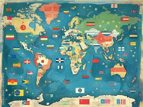 A colorful world map with flags from many countries. The map is a collage of different flags and ...
