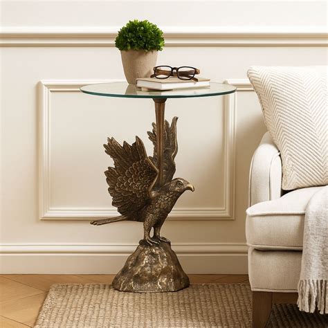 Metal End Table - Eagle Design Glass Top Table - From Shekhawati