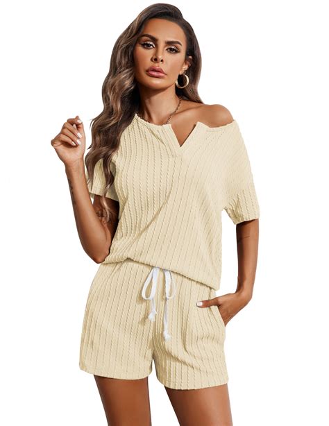 Ekouaer Ribbed Knit Short Sleeve Pajama Sets