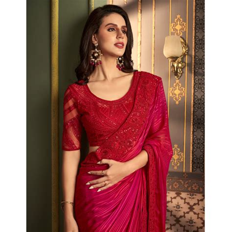 Rani Pink Embroidered Satin Saree