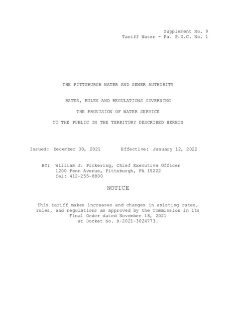 Fillable Online PWSA WATER TARIFF SUPP. NO. 7 main doc red and strike ...