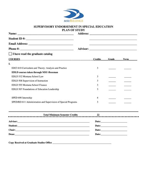 Fillable Online msubillings SUPERVISORY ENDORSEMENT IN SPECIAL ...