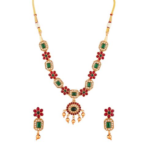 Buy AQUASTREET Gold-Plated Popular Red Green Kemp stones Jewellery Set ...