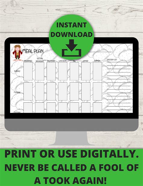 Weekly Hobbit Meal Planner & Grocery List Sunday Start Printable ...
