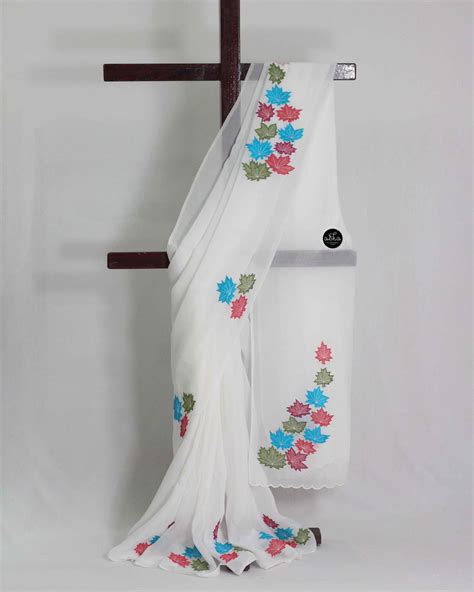 White Organza Saree with Multicolour Applique work – ALIKA FASHION STORE