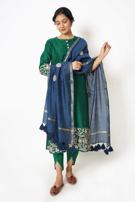 Buy Blue Chanderi, Cotton, Muslin Bloom Garden Embroidered Kurta Tulip ...