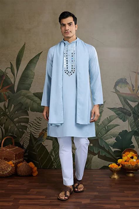 Sky Blue Designer Men's Kurta with Real Mirror Work - shubhkalastore.com