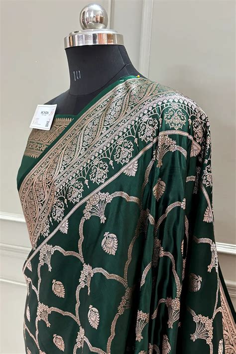 Bottle Green Mughal Mehrab Katan Silk Banarasi Saree – Mohsin Textiles