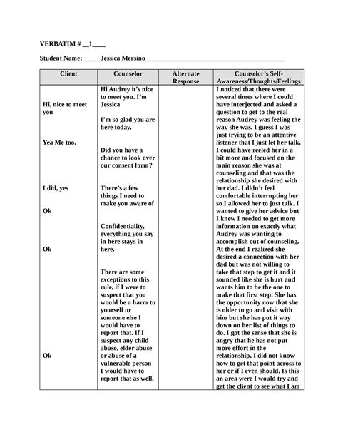 COUN505 Verbatim Form - VERBATIM # 1__ Student Name: Jessica - Studocu