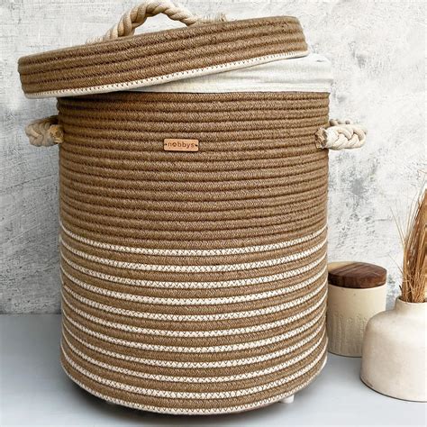 Nobbys Jute Cotton Striped Laundry Basket with Lid (14"D x 18"H) - 45 ...