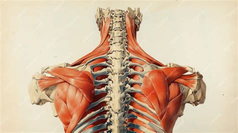 Detailed anatomical illustration of human back with major muscles and vertebrae for medical ...