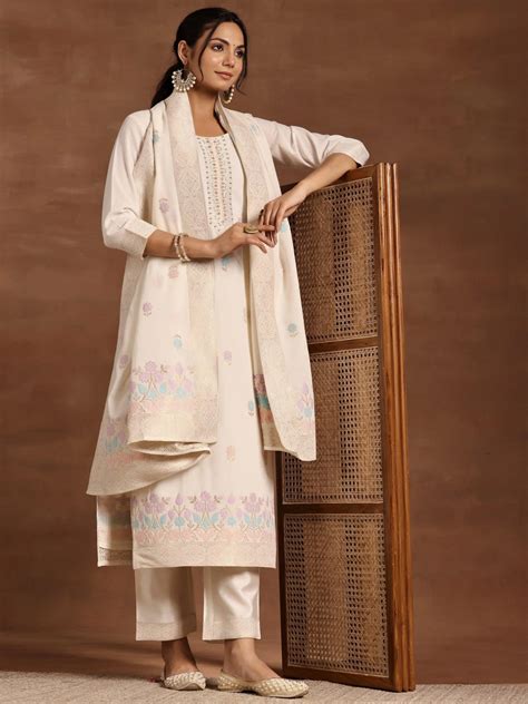 Buy Off White Woven Design Linen Straight Suit With Dupatta Online at ...