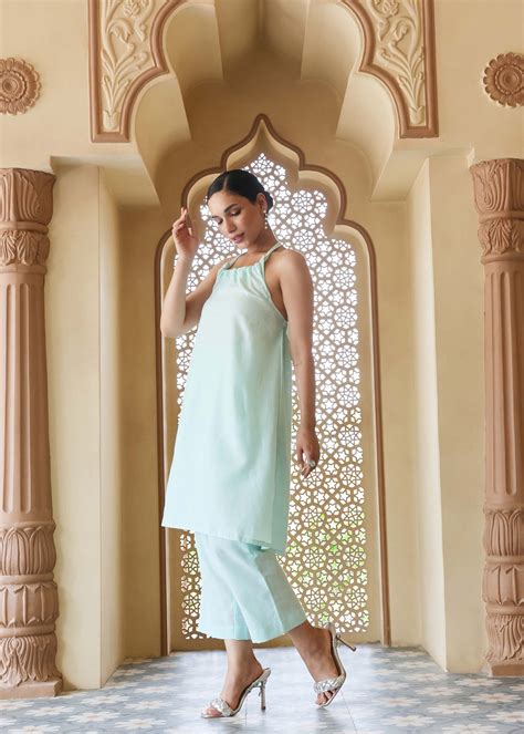 Sea blue Halter neck Cotton Kurta set