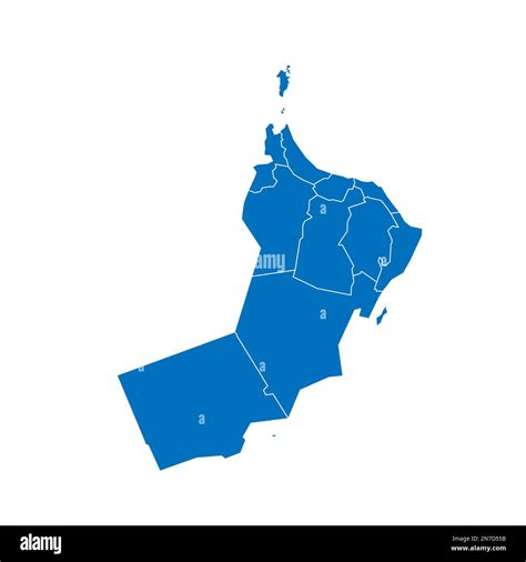 Oman political map of administrative divisions - governorates. Solid blue blank vector map with ...