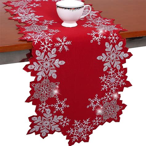 Amazon.com: Snowflake Table Runner Christmas Red Embroidered 36 inches ...