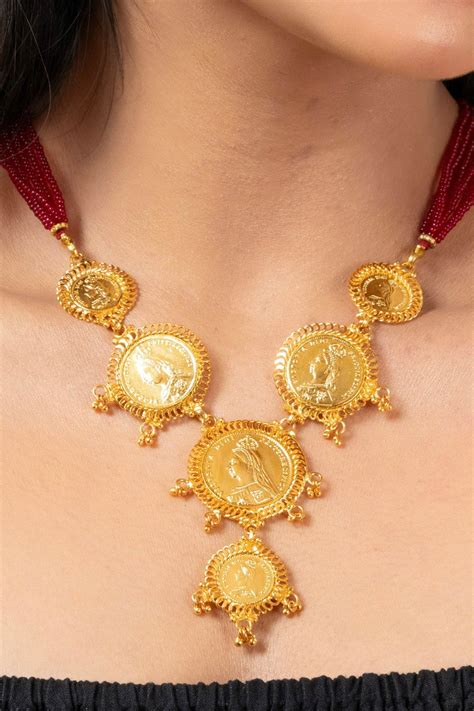 Gold Plated Victorian Coin Necklace with Red Tassel & Coin Stud ...