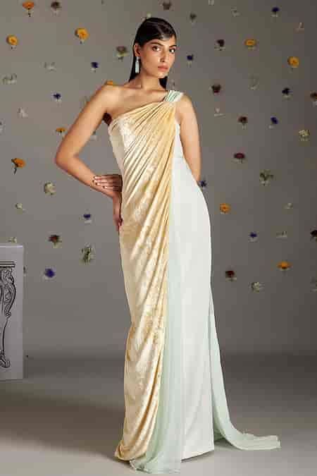 Buy Beige Velvet, Chiffon, Georgette, Crepe Asymmetric Aurore Pre ...