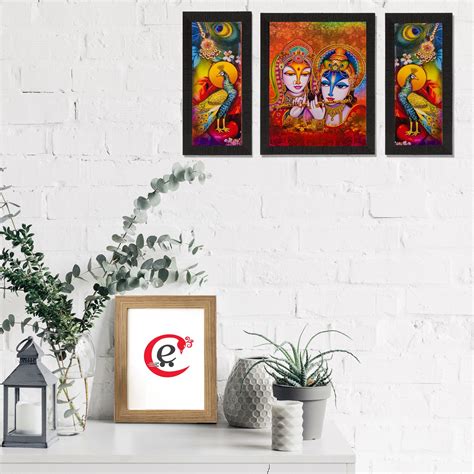 Set of 3 Radha Krishna & Peacock Matt Textured UV Art Painting ...