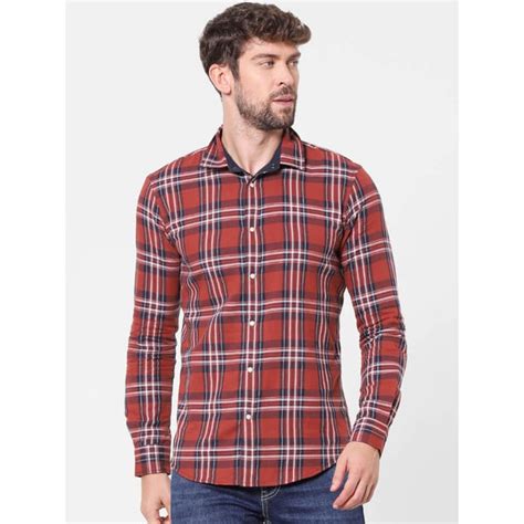 Red and Blue Tartan Checked Cotton Casual Shirt (VAREVERSE) | Celio