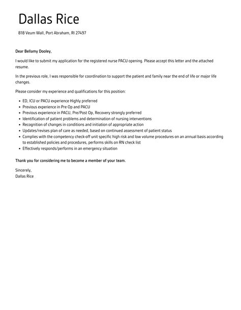 Registered Nurse PACU Cover Letter | Velvet Jobs