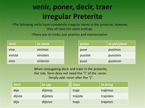 PPT - venir , poner , decir , traer Irregular Preterite PowerPoint ...