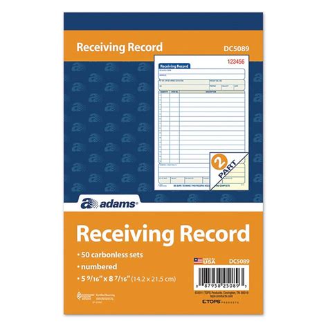 Adams Receiving Record Book, 2-Part, Carbonless, 5-9/16 x 8-7/16 Inches ...