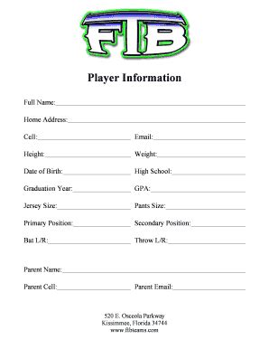 FTB Player Information Form - Derek Deler Baseball - Fill and Sign ...