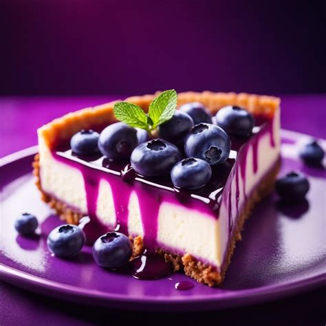 A cheesecake with blueberry in purple colored natural background ...