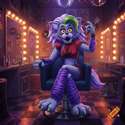 Roxanne Wolf from Five Nights at Freddy's sitting in a barber's chair in a glam rock salon ...