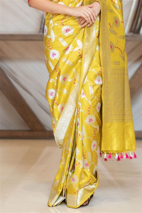 Nirmal Creations Best & Pure Yellow Banarasi Saree With Blouse Piece ...