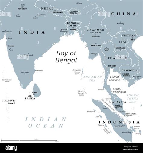 Bay of Bengal, gray political map. Northeastern part of Indian Ocean ...