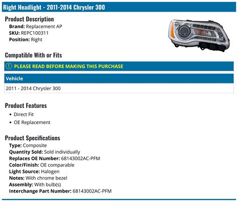 2011-2014 Chrysler 300 Headlight Assembly - Replacement AP REPC100311 ...