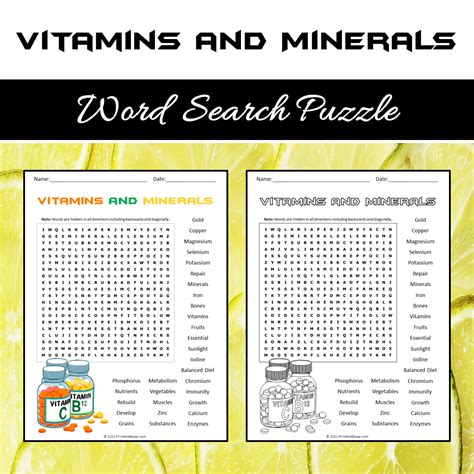 Vitamins And Minerals Word Search Puzzle Worksheet PDF – PrintableBazaar