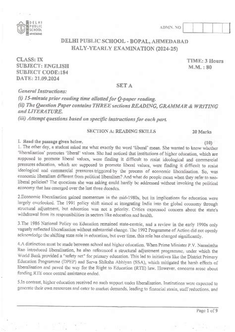 DELHI PUBLIC SCHOOL EXAMINATION CLASS IX ENGLISH M.M. 80 SET A & B ...