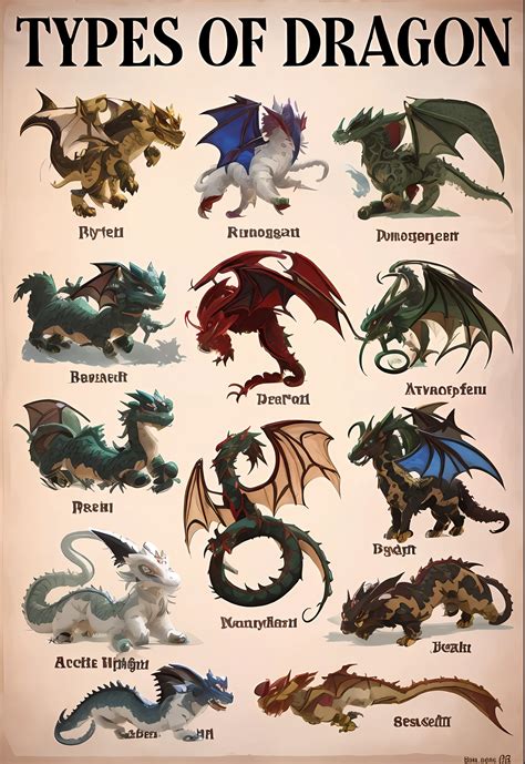 A poster with different types of dragons and their names - SeaArt AI