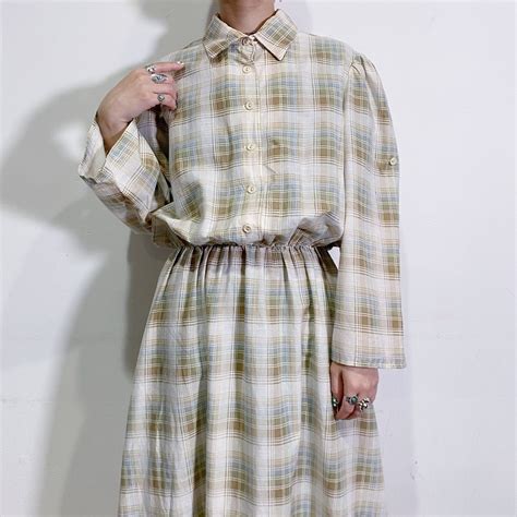 80s beige plaid long sleeves shirt dress【184】 | LEMON