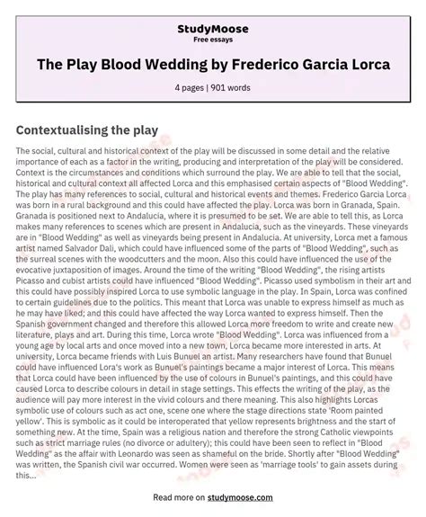 The Play Blood Wedding by Frederico Garcia Lorca Free Essay Example