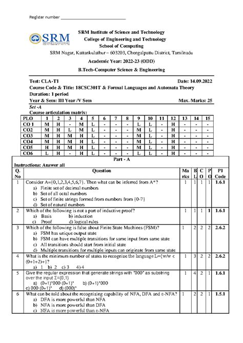 18CSC301T Formal Languages and Automata Theory - CT1 Answer Key - Studocu