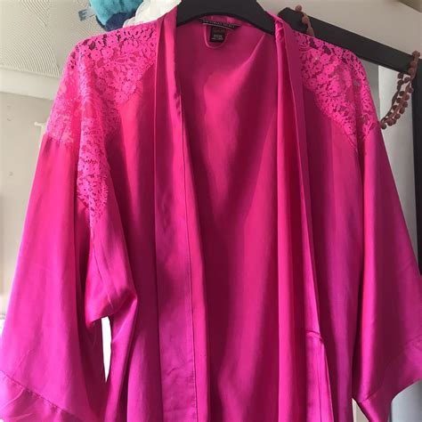 Victoria secret silk robe Pink Floral lace on... - Depop