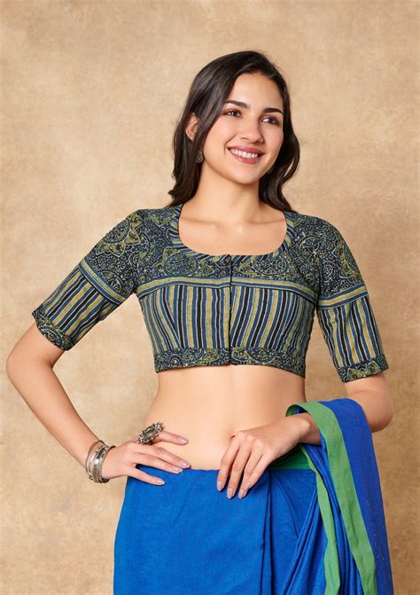Green Hand Block Printed Ajrakh Pure Cotton Round Neck Readymade Blous ...