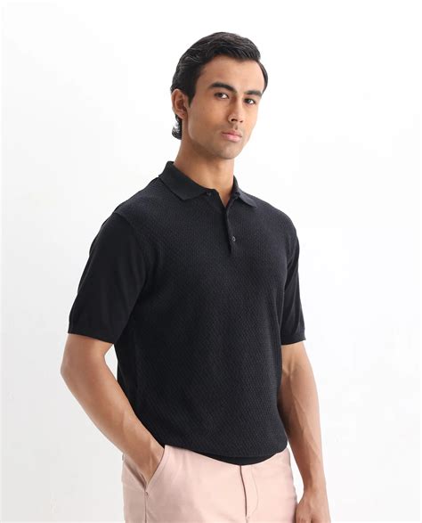Rare Rabbit Men's Xas Black Cotton Textured Regular Fit Half Sleeve Po