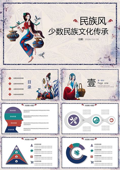 复古创意卡通中国风民族风情少数民族介绍通用PPT模板_卡卡办公