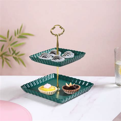 2-Tier Square Ceramic Snack Stand Green Online - Premium Cake Stand ...