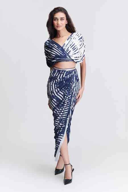 Buy Blue Polyester Stripe Print Draped Skirt For Women by S&N By ...