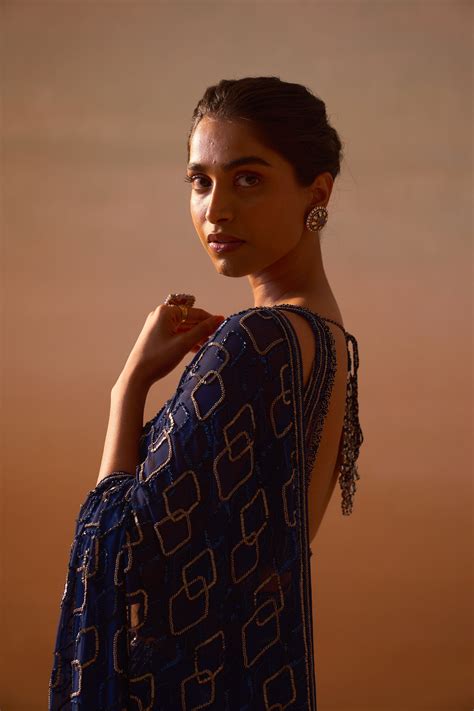 Nitika Gujral - Navy Blue Geometric Saree - Elahe