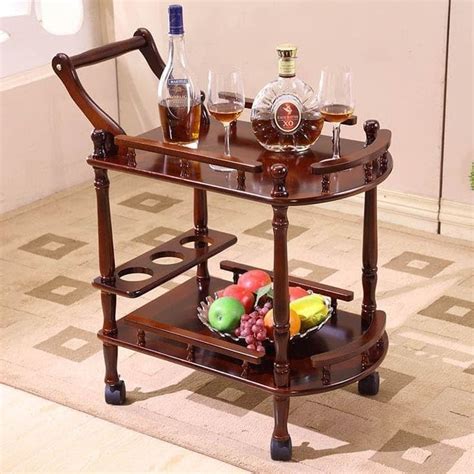 SWANKY Wooden Bar Serving Cart Trolley MDF Wooden Double-Layer Movable ...