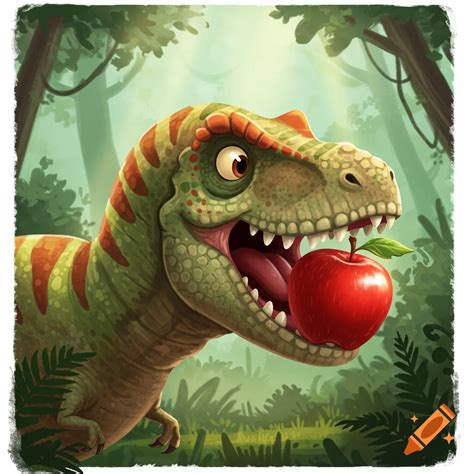 Cartoon T-Rex dinosaur eating a red apple in a jungle digital ...